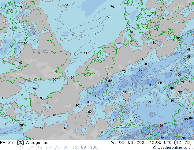 Humedad rel. 2m Arpege-eu mié 05.06.2024 18 UTC