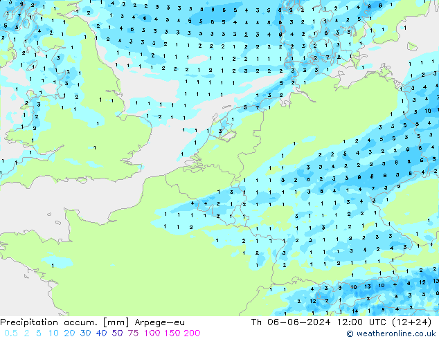 Precipitation accum. Arpege-eu Čt 06.06.2024 12 UTC