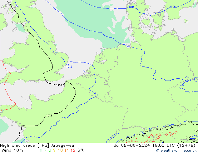 High wind areas Arpege-eu sab 08.06.2024 18 UTC