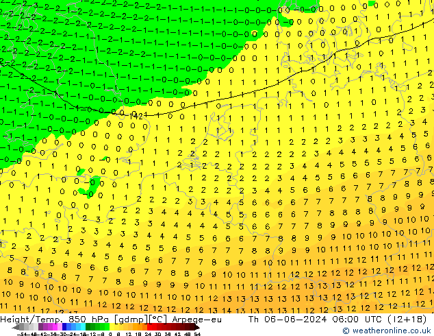 Height/Temp. 850 hPa Arpege-eu czw. 06.06.2024 06 UTC