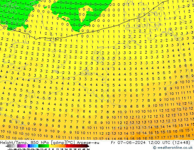 Hoogte/Temp. 850 hPa Arpege-eu vr 07.06.2024 12 UTC