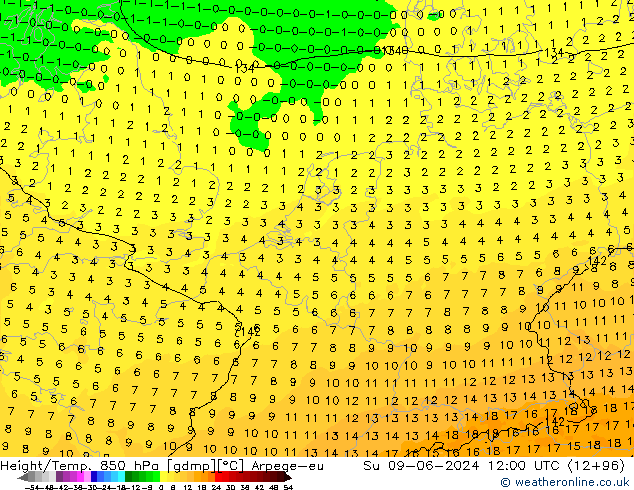 Height/Temp. 850 hPa Arpege-eu  09.06.2024 12 UTC