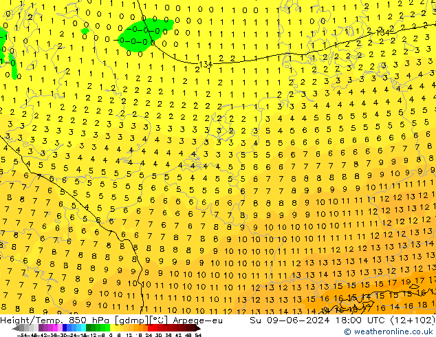 Hoogte/Temp. 850 hPa Arpege-eu zo 09.06.2024 18 UTC