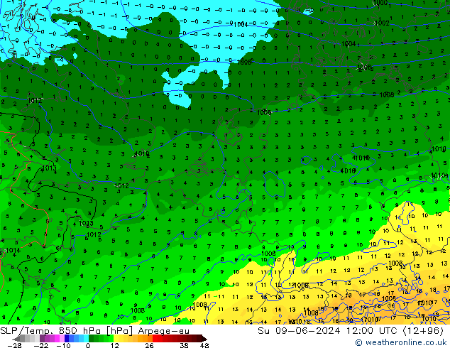 850 hPa Yer Bas./Sıc Arpege-eu Paz 09.06.2024 12 UTC