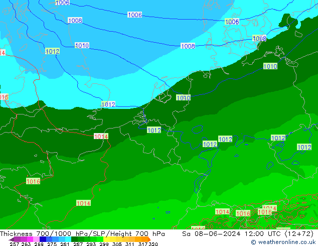 Thck 700-1000 гПа Arpege-eu сб 08.06.2024 12 UTC