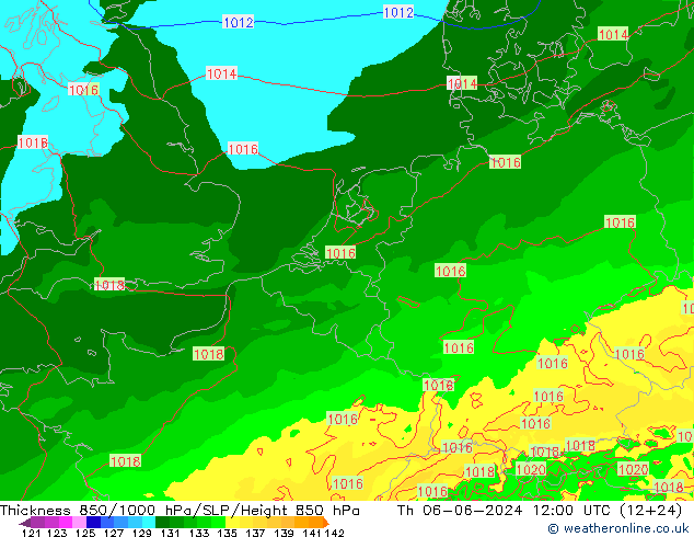 Schichtdicke 850-1000 hPa Arpege-eu Do 06.06.2024 12 UTC