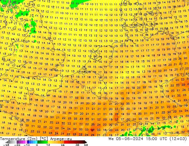 Temperaturkarte (2m) Arpege-eu Mi 05.06.2024 15 UTC