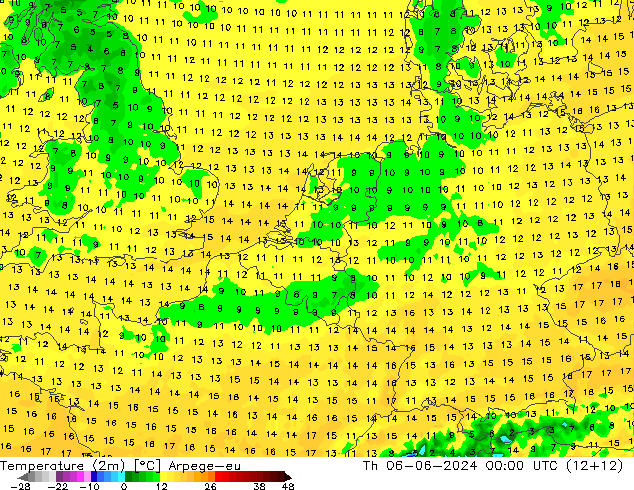 Temperaturkarte (2m) Arpege-eu Do 06.06.2024 00 UTC