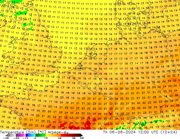 Temperaturkarte (2m) Arpege-eu Do 06.06.2024 12 UTC