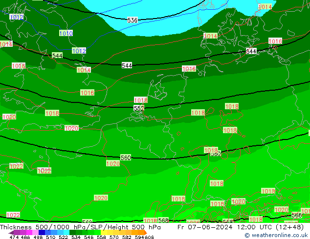 Schichtdicke 500-1000 hPa Arpege-eu Fr 07.06.2024 12 UTC