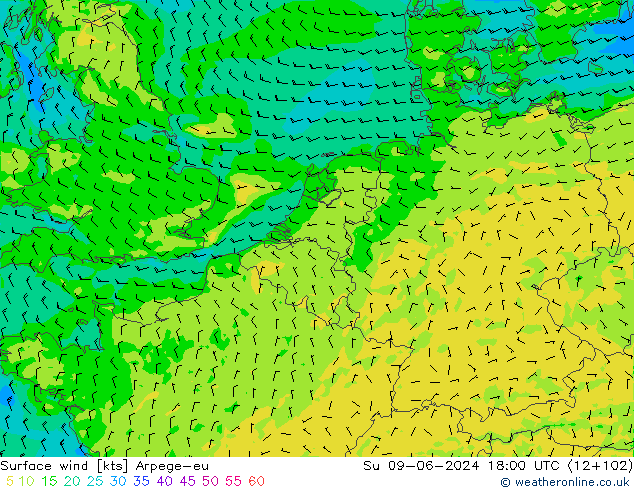 Viento 10 m Arpege-eu dom 09.06.2024 18 UTC