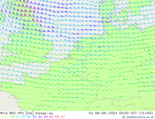 Wind 850 hPa Arpege-eu za 08.06.2024 00 UTC