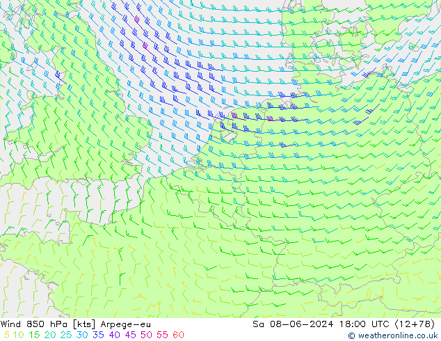 Wind 850 hPa Arpege-eu Sa 08.06.2024 18 UTC