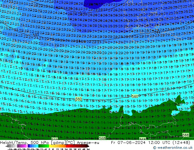 Height/Temp. 500 гПа Arpege-eu пт 07.06.2024 12 UTC