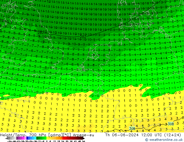 Height/Temp. 700 hPa Arpege-eu Čt 06.06.2024 12 UTC