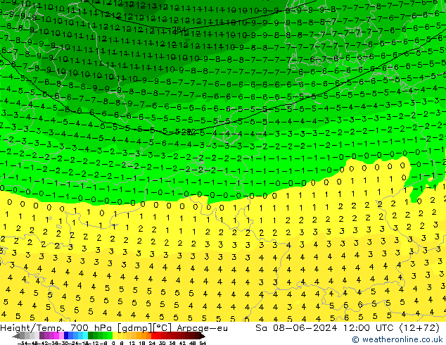 Height/Temp. 700 гПа Arpege-eu сб 08.06.2024 12 UTC