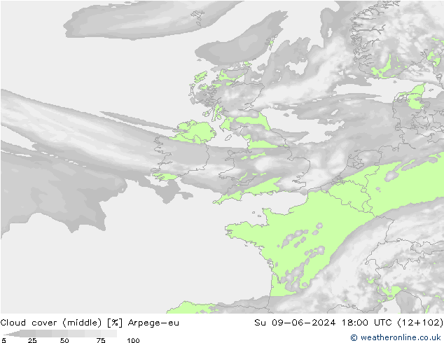 Cloud cover (middle) Arpege-eu Su 09.06.2024 18 UTC