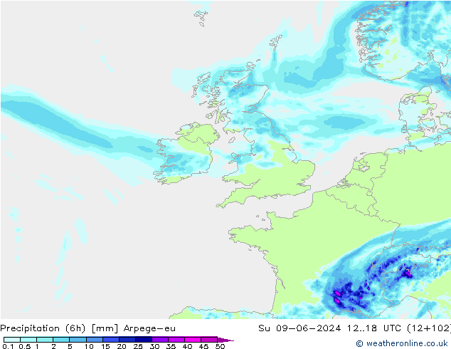 Precipitação (6h) Arpege-eu Dom 09.06.2024 18 UTC