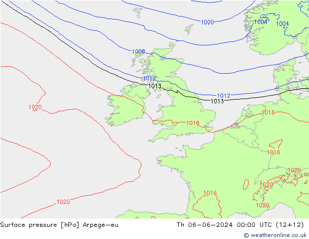 Atmosférický tlak Arpege-eu Čt 06.06.2024 00 UTC