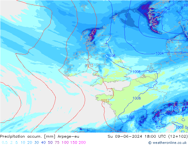 Precipitation accum. Arpege-eu Ne 09.06.2024 18 UTC