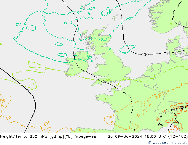 Height/Temp. 850 hPa Arpege-eu  09.06.2024 18 UTC