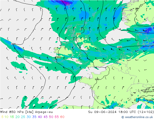 Wind 850 hPa Arpege-eu Su 09.06.2024 18 UTC