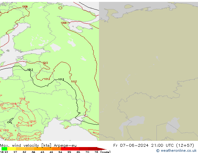 Max. wind velocity Arpege-eu ven 07.06.2024 21 UTC