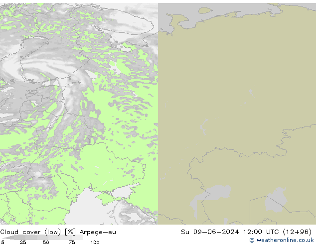 Cloud cover (low) Arpege-eu Su 09.06.2024 12 UTC