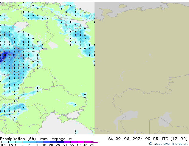 осадки (6h) Arpege-eu Вс 09.06.2024 06 UTC