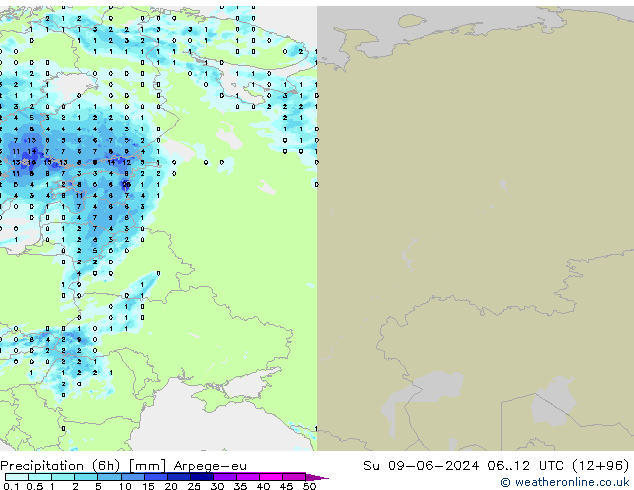 осадки (6h) Arpege-eu Вс 09.06.2024 12 UTC