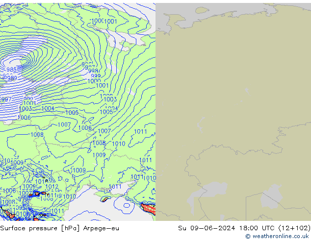 Atmosférický tlak Arpege-eu Ne 09.06.2024 18 UTC