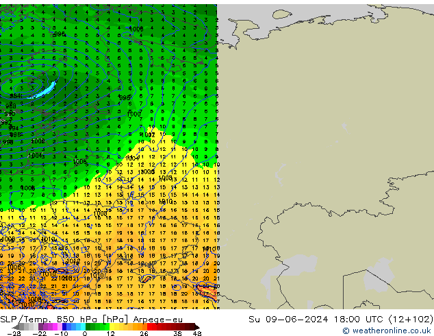 SLP/Temp. 850 hPa Arpege-eu nie. 09.06.2024 18 UTC