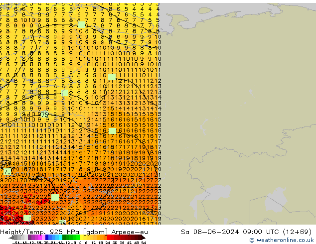 Height/Temp. 925 hPa Arpege-eu Sáb 08.06.2024 09 UTC