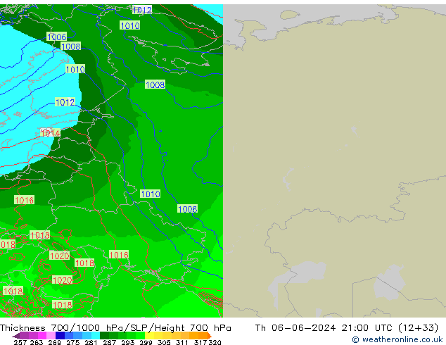 Thck 700-1000 гПа Arpege-eu чт 06.06.2024 21 UTC