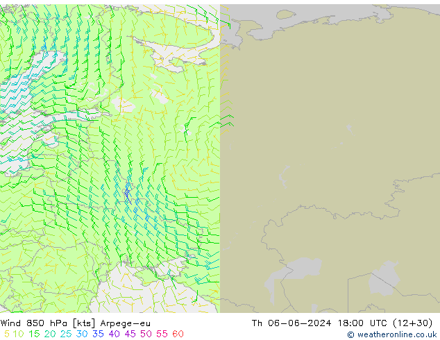 Vento 850 hPa Arpege-eu gio 06.06.2024 18 UTC