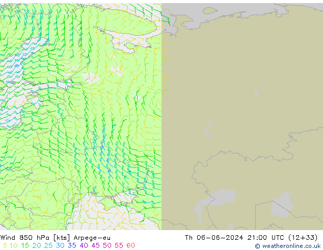 ветер 850 гПа Arpege-eu чт 06.06.2024 21 UTC