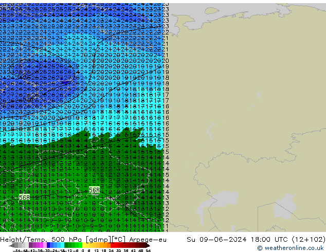 Hoogte/Temp. 500 hPa Arpege-eu zo 09.06.2024 18 UTC