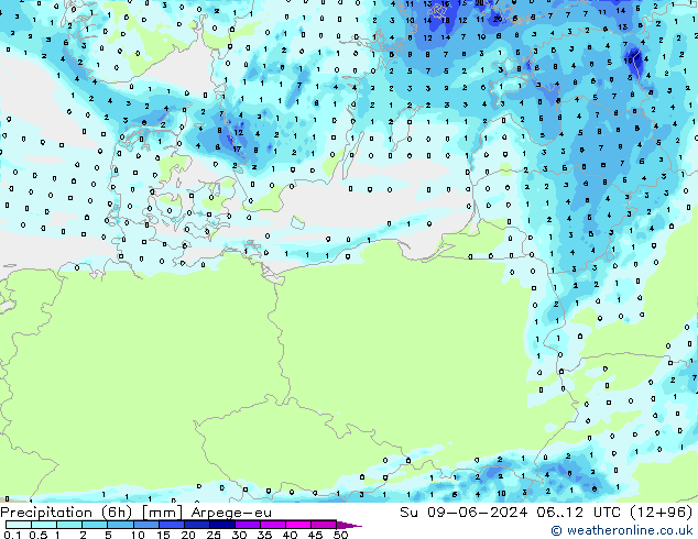 осадки (6h) Arpege-eu Вс 09.06.2024 12 UTC