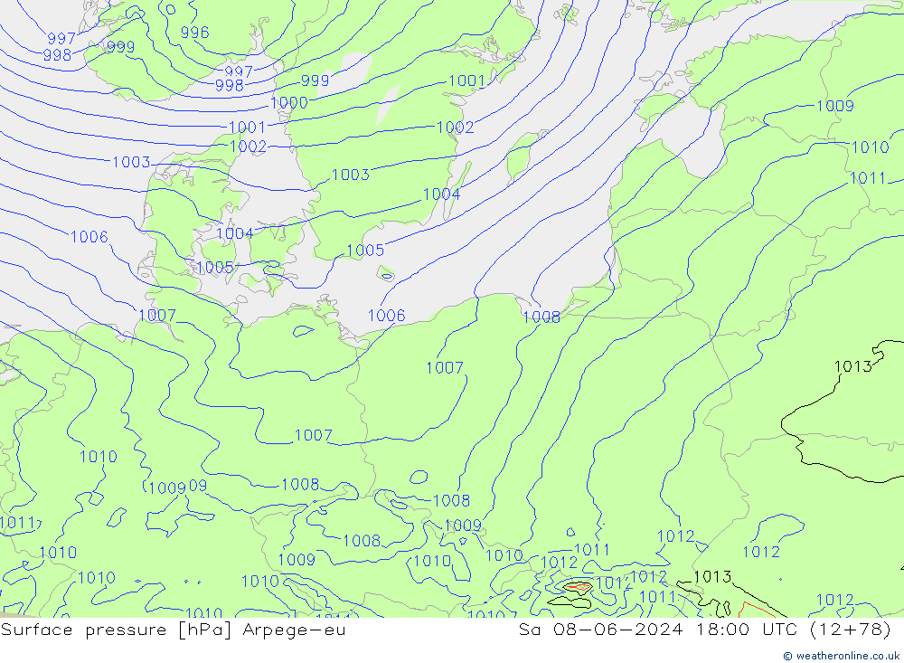 Atmosférický tlak Arpege-eu So 08.06.2024 18 UTC