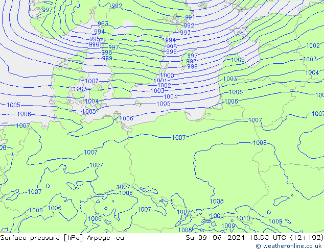 Pressione al suolo Arpege-eu dom 09.06.2024 18 UTC