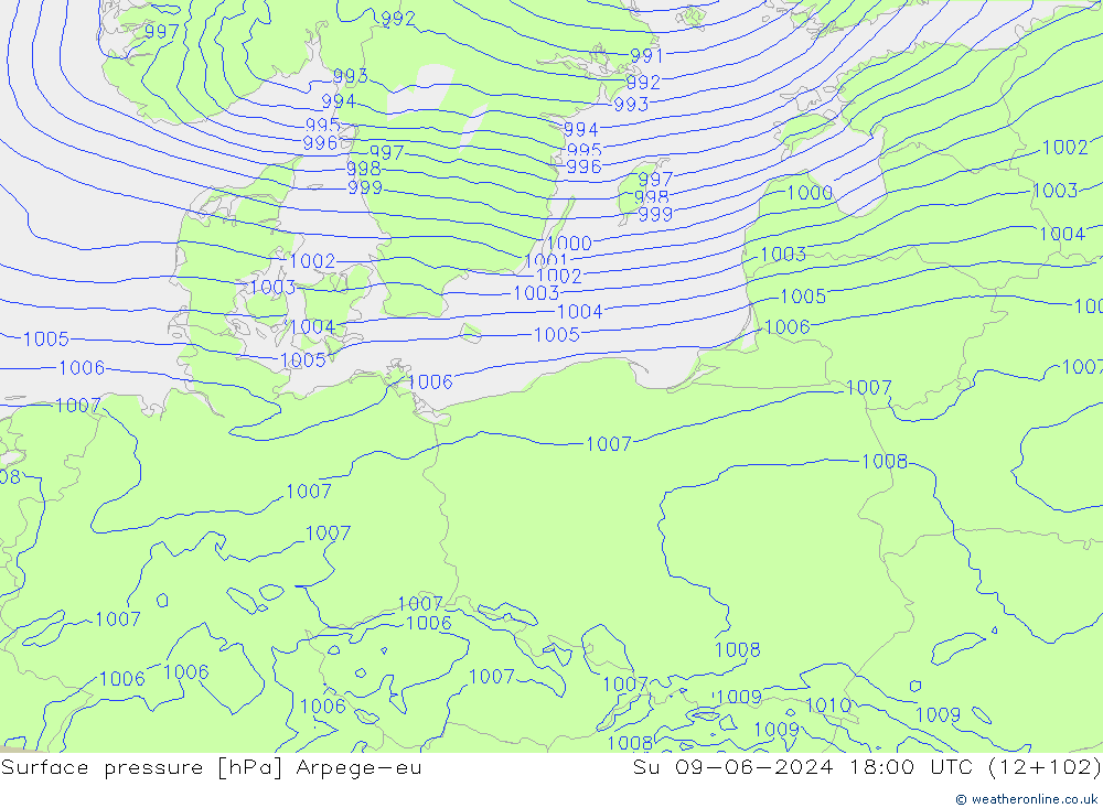 Atmosférický tlak Arpege-eu Ne 09.06.2024 18 UTC