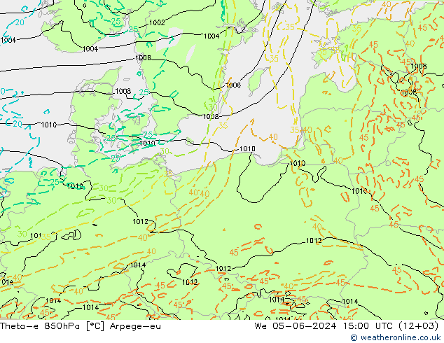 Theta-e 850hPa Arpege-eu Qua 05.06.2024 15 UTC