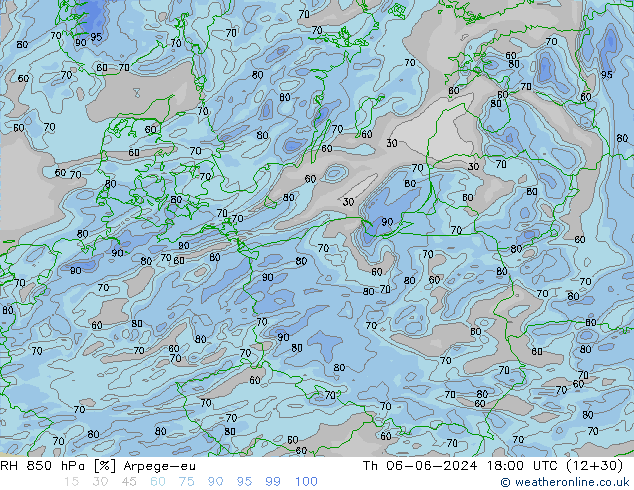 RH 850 гПа Arpege-eu чт 06.06.2024 18 UTC