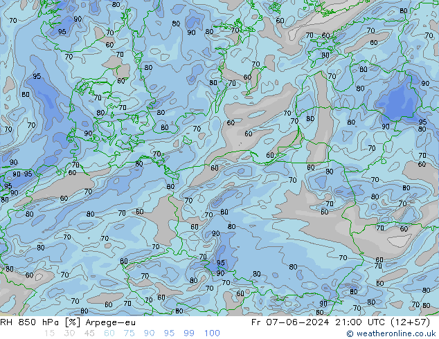 Humidité rel. 850 hPa Arpege-eu ven 07.06.2024 21 UTC
