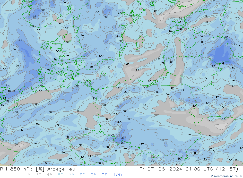 RH 850 hPa Arpege-eu Fr 07.06.2024 21 UTC