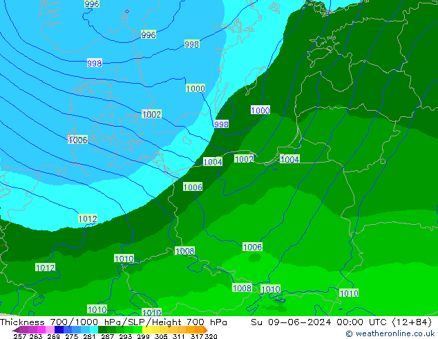 Thck 700-1000 hPa Arpege-eu  09.06.2024 00 UTC