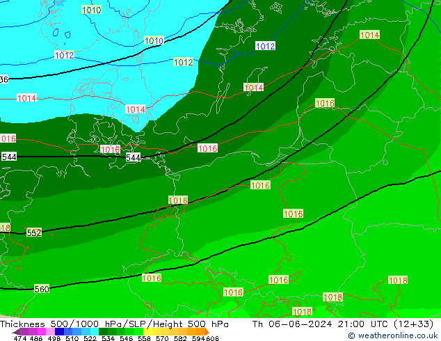 Espesor 500-1000 hPa Arpege-eu jue 06.06.2024 21 UTC