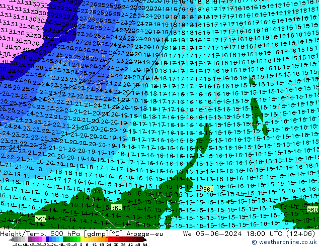 Height/Temp. 500 hPa Arpege-eu Mi 05.06.2024 18 UTC