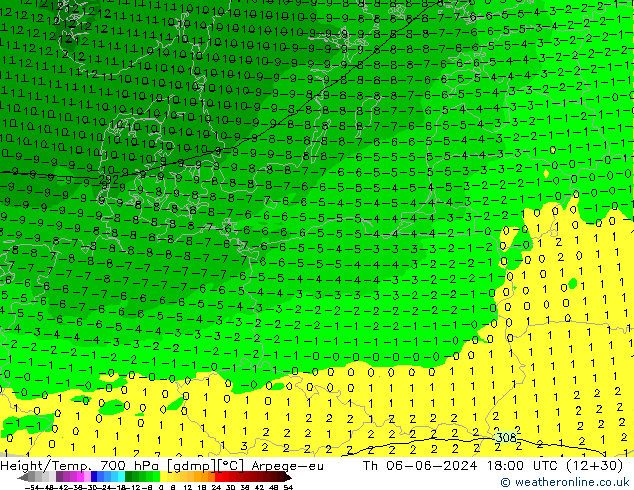 Géop./Temp. 700 hPa Arpege-eu jeu 06.06.2024 18 UTC