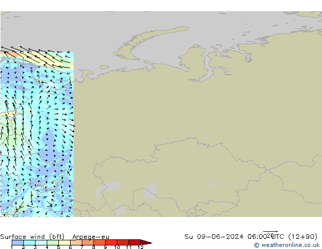 Vento 10 m (bft) Arpege-eu Dom 09.06.2024 06 UTC